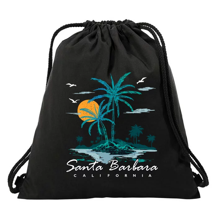 Summer Vacation Retro Sunset California Santa Barbara Drawstring Bag