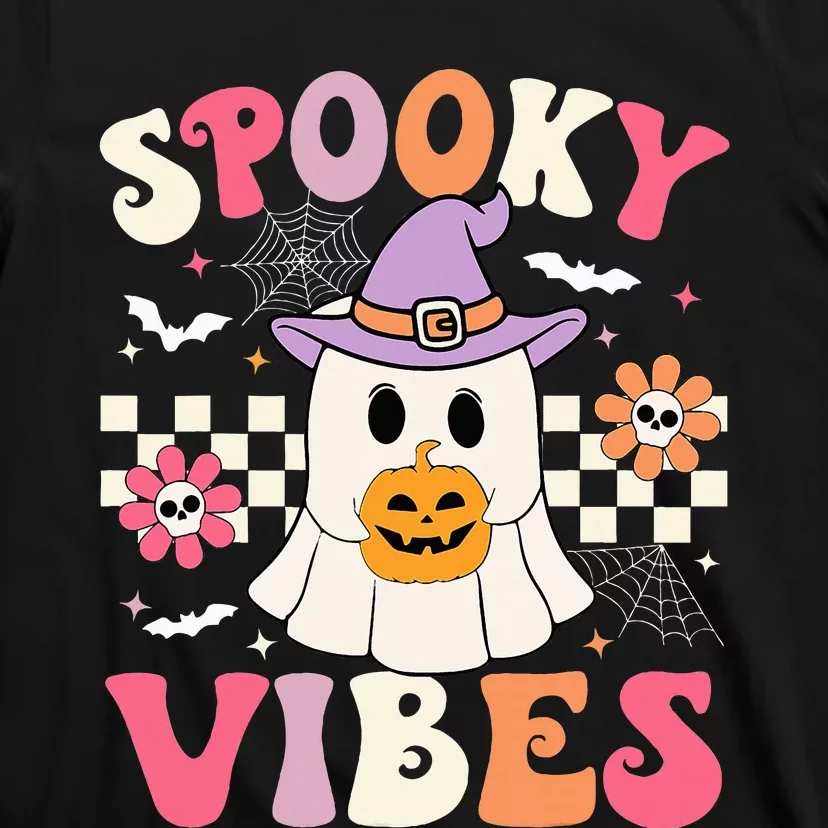 Spooky Vibes Retro Ghost Holding Pumpkin Halloween T-Shirt