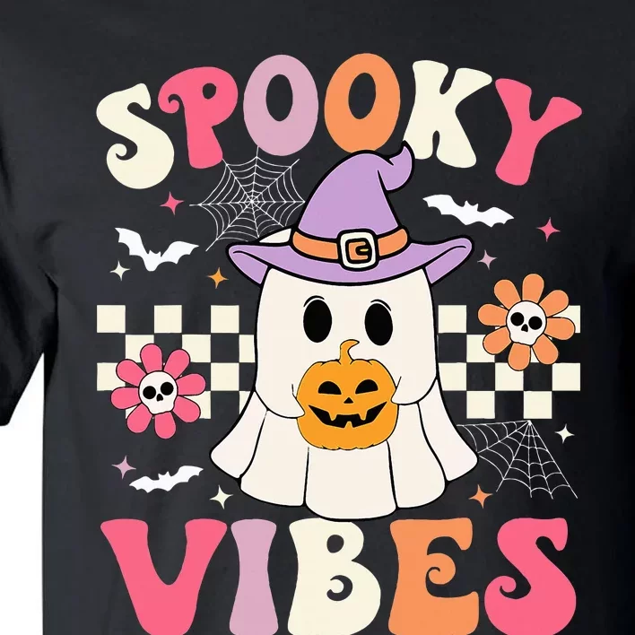 Spooky Vibes Retro Ghost Holding Pumpkin Halloween Tall T-Shirt