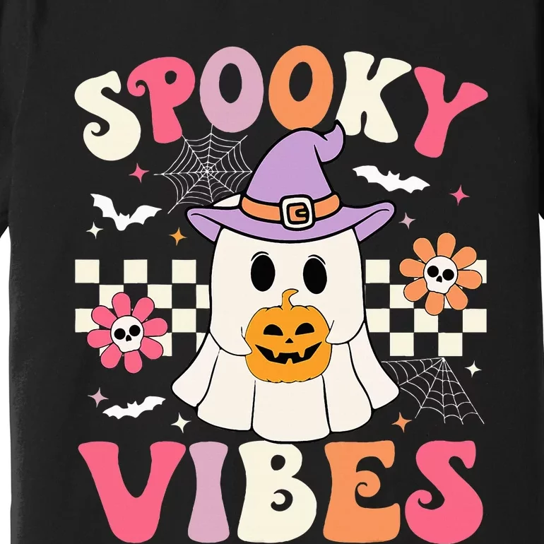 Spooky Vibes Retro Ghost Holding Pumpkin Halloween Premium T-Shirt