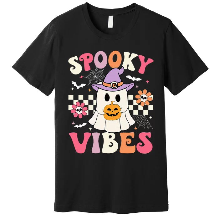 Spooky Vibes Retro Ghost Holding Pumpkin Halloween Premium T-Shirt