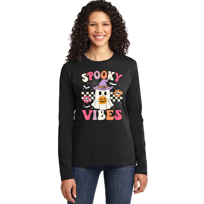 Spooky Vibes Retro Ghost Holding Pumpkin Halloween Ladies Long Sleeve Shirt