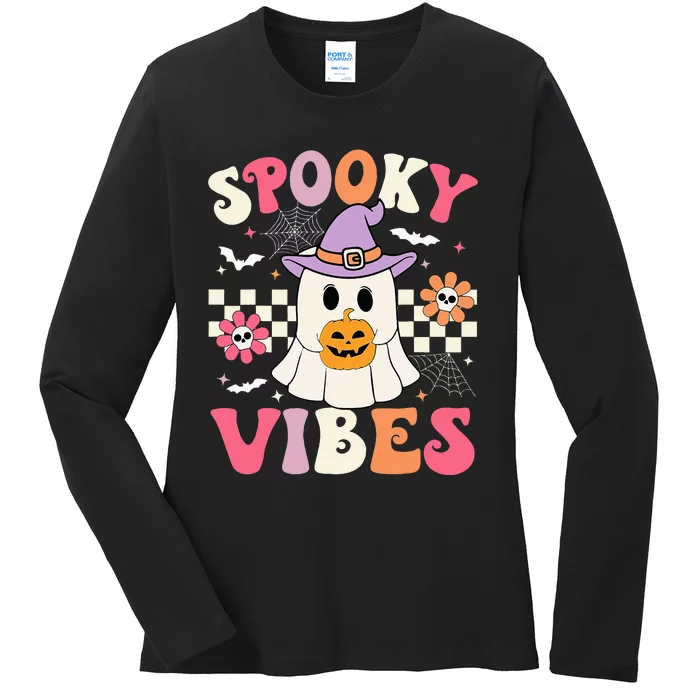 Spooky Vibes Retro Ghost Holding Pumpkin Halloween Ladies Long Sleeve Shirt