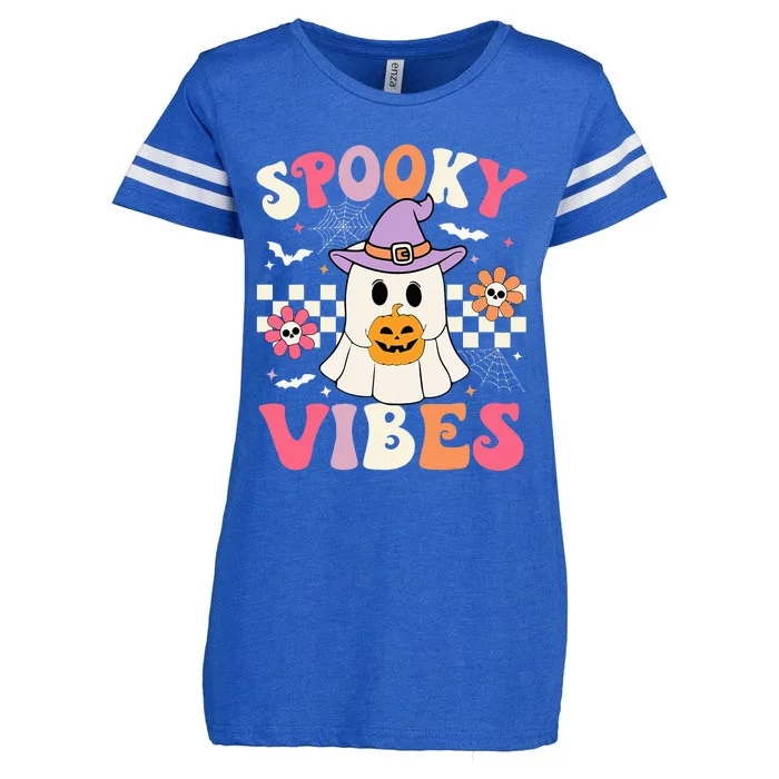 Spooky Vibes Retro Ghost Holding Pumpkin Halloween Enza Ladies Jersey Football T-Shirt