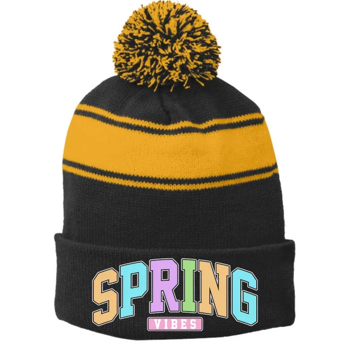 Spring Vibes Retro Varsity Stripe Pom Pom Beanie