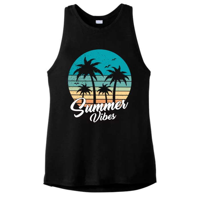 Summer Vibes Retro Sunset Vintage Palm Tree Ladies Tri-Blend Wicking Tank