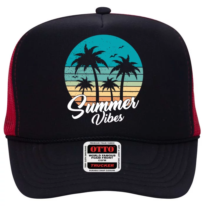 Summer Vibes Retro Sunset Vintage Palm Tree High Crown Mesh Trucker Hat