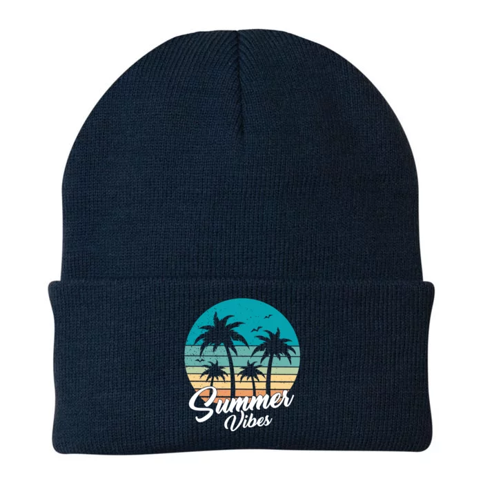 Summer Vibes Retro Sunset Vintage Palm Tree Knit Cap Winter Beanie