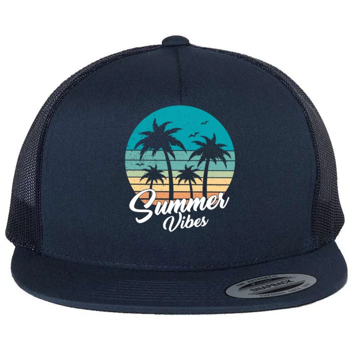 Summer Vibes Retro Sunset Vintage Palm Tree Flat Bill Trucker Hat