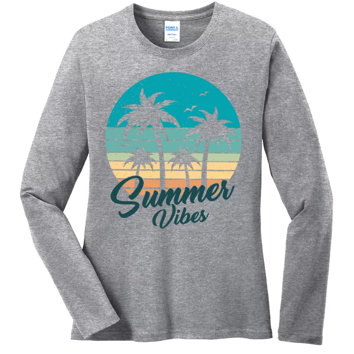 Summer Vibes Retro Sunset Vintage Palm Tree Ladies Long Sleeve Shirt