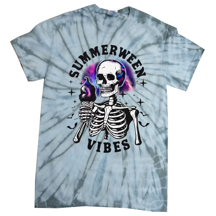 Summerween Vibes Skeleton Ice Cream Summer Halloween Party Tie-Dye T-Shirt