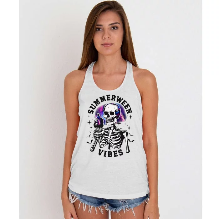 Summerween Vibes Skeleton Ice Cream Summer Halloween Party Women's Knotted Racerback Tank