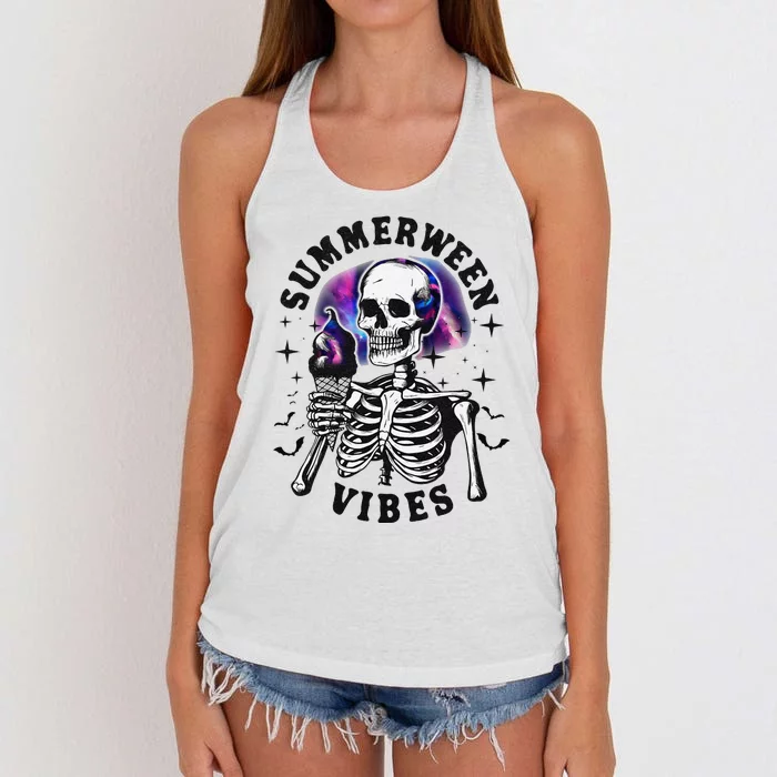 Summerween Vibes Skeleton Ice Cream Summer Halloween Party Women's Knotted Racerback Tank