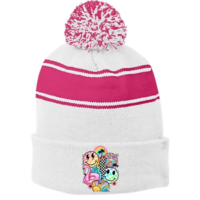 Summer Vibes Smile Face Hello Summer Stripe Pom Pom Beanie