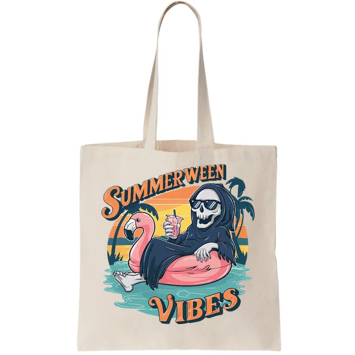 Summerween Vibes Skeleton Flamingo Float Summer Halloween Tote Bag