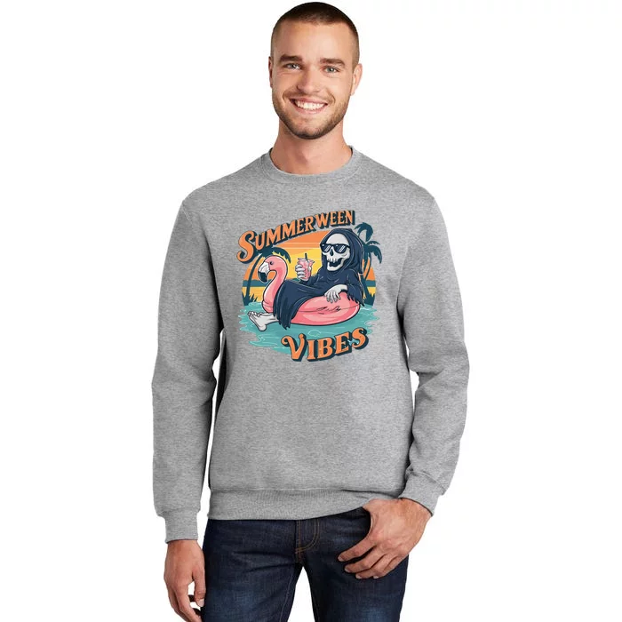 Summerween Vibes Skeleton Flamingo Float Summer Halloween Tall Sweatshirt