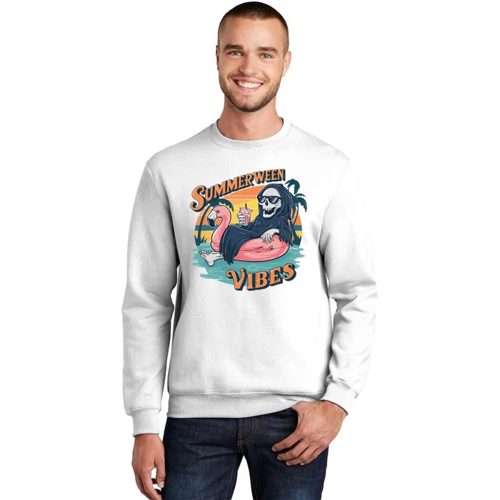 Summerween Vibes Skeleton Flamingo Float Summer Halloween Sweatshirt