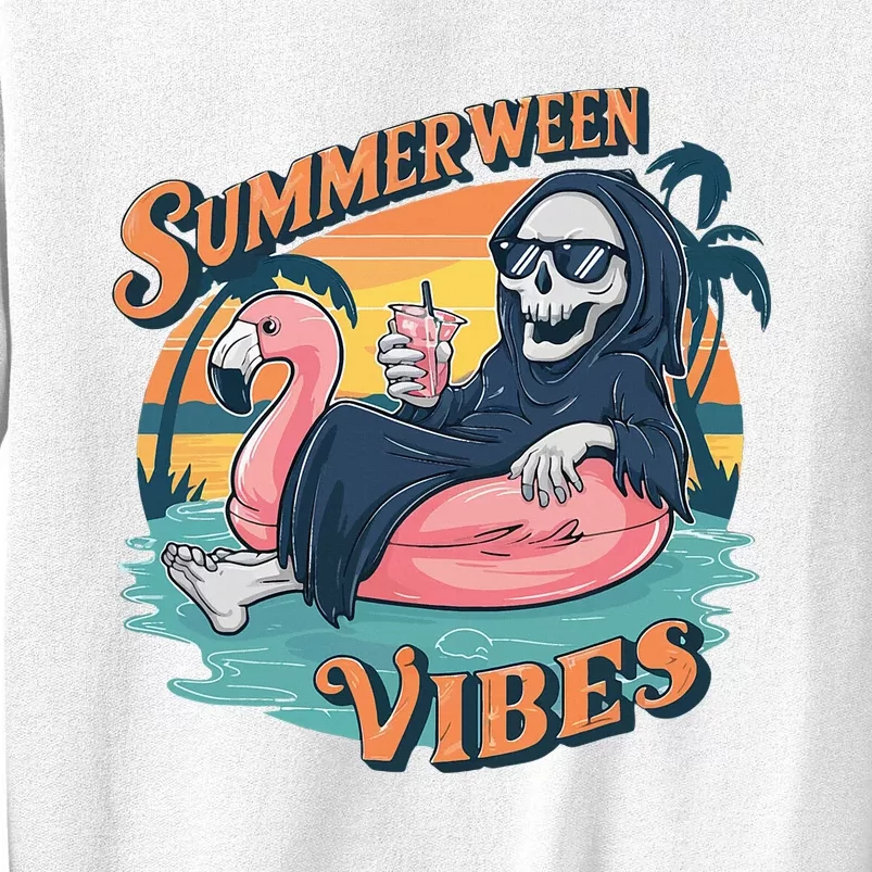 Summerween Vibes Skeleton Flamingo Float Summer Halloween Sweatshirt