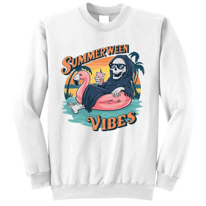 Summerween Vibes Skeleton Flamingo Float Summer Halloween Sweatshirt