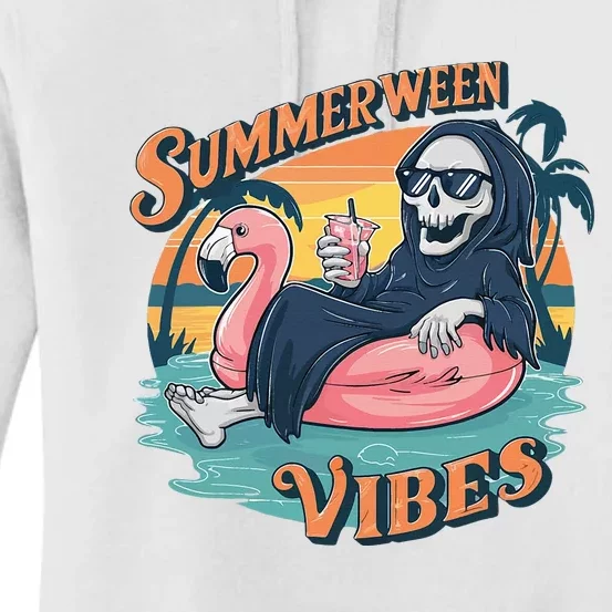 Summerween Vibes Skeleton Flamingo Float Summer Halloween Women's Pullover Hoodie