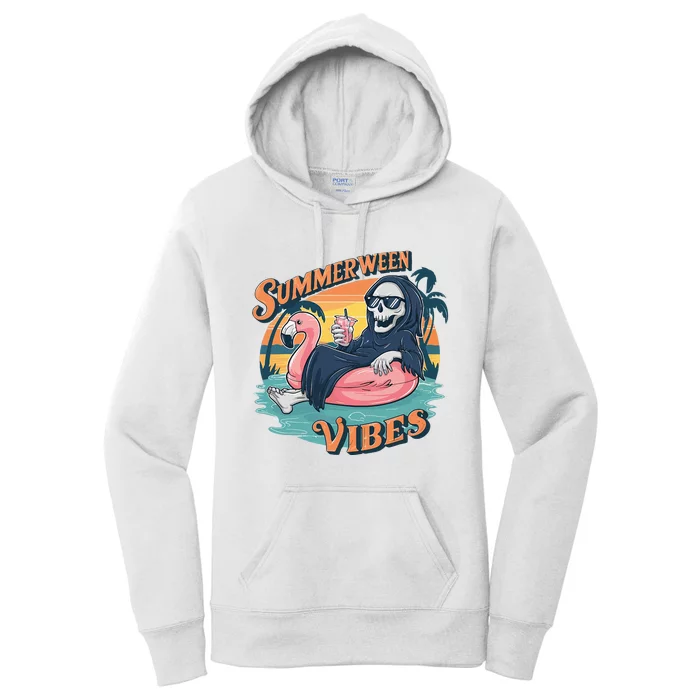 Summerween Vibes Skeleton Flamingo Float Summer Halloween Women's Pullover Hoodie