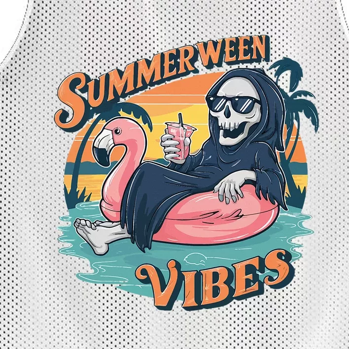 Summerween Vibes Skeleton Flamingo Float Summer Halloween Mesh Reversible Basketball Jersey Tank