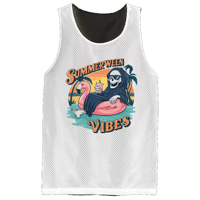 Summerween Vibes Skeleton Flamingo Float Summer Halloween Mesh Reversible Basketball Jersey Tank