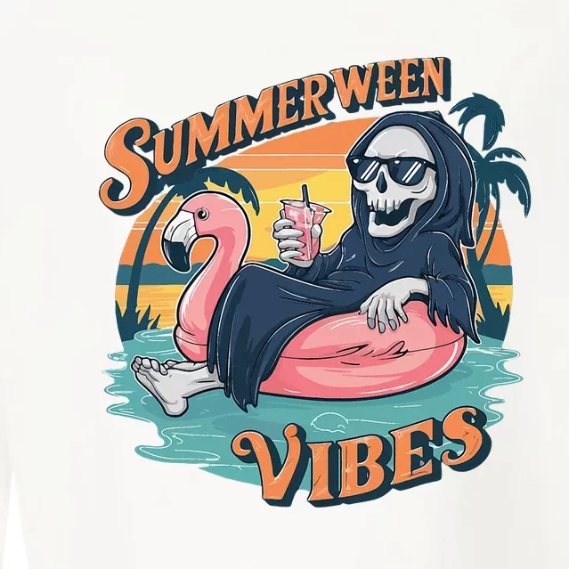 Summerween Vibes Skeleton Flamingo Float Summer Halloween Cropped Pullover Crew