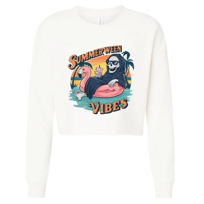 Summerween Vibes Skeleton Flamingo Float Summer Halloween Cropped Pullover Crew