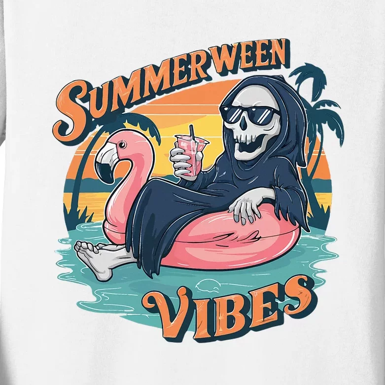 Summerween Vibes Skeleton Flamingo Float Summer Halloween Kids Long Sleeve Shirt