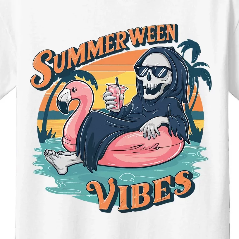 Summerween Vibes Skeleton Flamingo Float Summer Halloween Kids T-Shirt