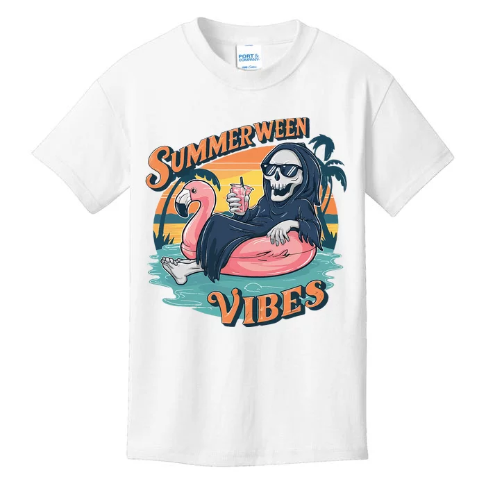 Summerween Vibes Skeleton Flamingo Float Summer Halloween Kids T-Shirt