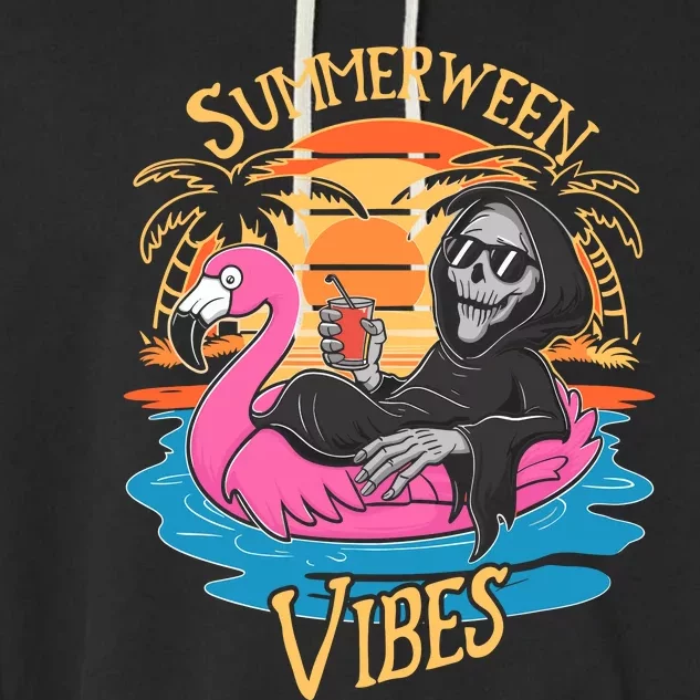 Summerween Vibes Skeleton Flamingo Spooky Halloween Summer Garment-Dyed Fleece Hoodie