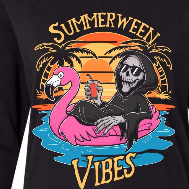 Summerween Vibes Skeleton Flamingo Spooky Halloween Summer Womens Cotton Relaxed Long Sleeve T-Shirt