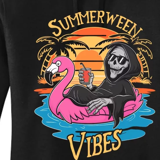 Summerween Vibes Skeleton Flamingo Spooky Halloween Summer Women's Pullover Hoodie