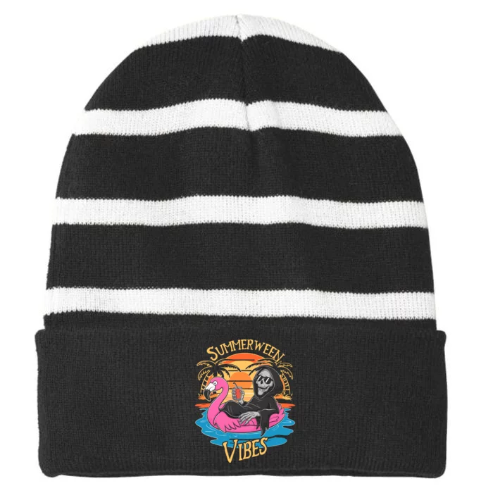 Summerween Vibes Skeleton Flamingo Spooky Halloween Summer Striped Beanie with Solid Band