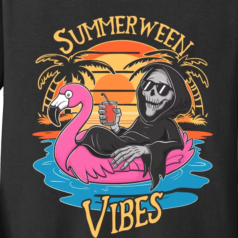 Summerween Vibes Skeleton Flamingo Spooky Halloween Summer Kids Long Sleeve Shirt