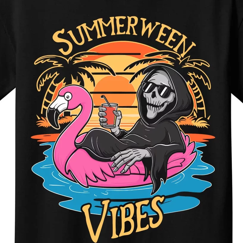 Summerween Vibes Skeleton Flamingo Spooky Halloween Summer Kids T-Shirt