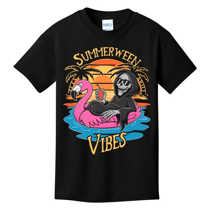 Summerween Vibes Skeleton Flamingo Spooky Halloween Summer Kids T-Shirt