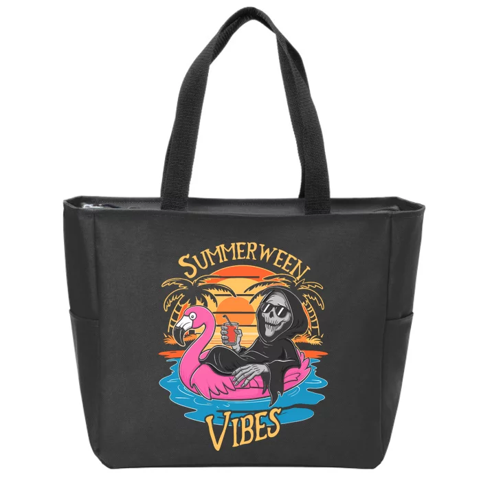 Summerween Vibes Skeleton Flamingo Spooky Halloween Summer Zip Tote Bag