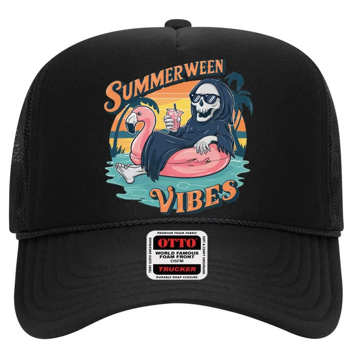 Summerween Vibes Skeleton Flamingo Float Summer Halloween High Crown Mesh Trucker Hat