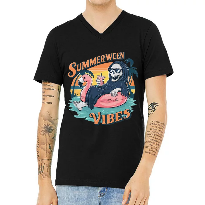 Summerween Vibes Skeleton Flamingo Float Summer Halloween V-Neck T-Shirt