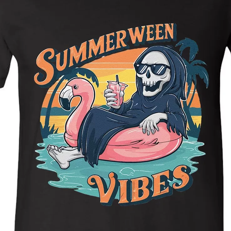 Summerween Vibes Skeleton Flamingo Float Summer Halloween V-Neck T-Shirt