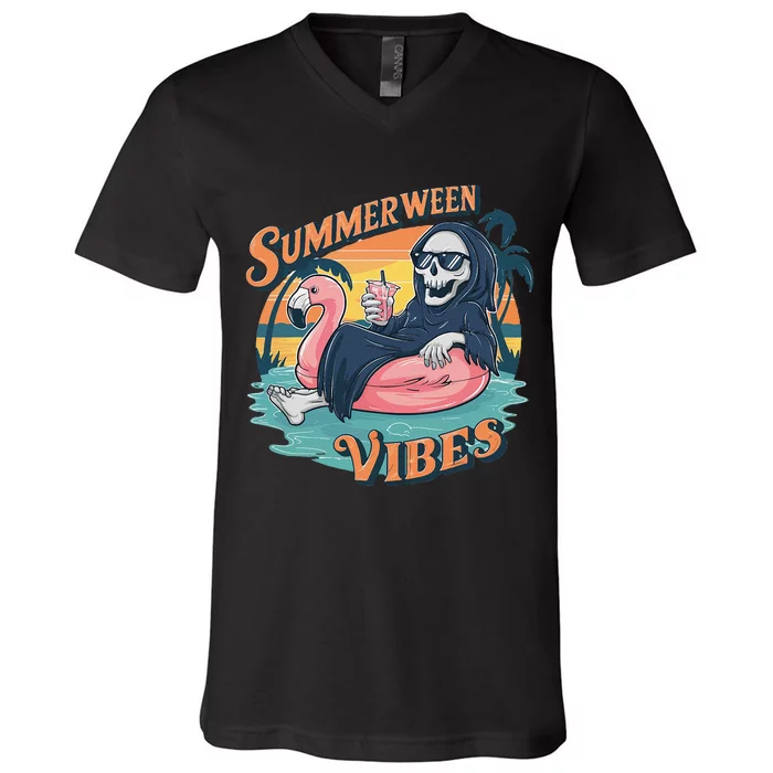 Summerween Vibes Skeleton Flamingo Float Summer Halloween V-Neck T-Shirt