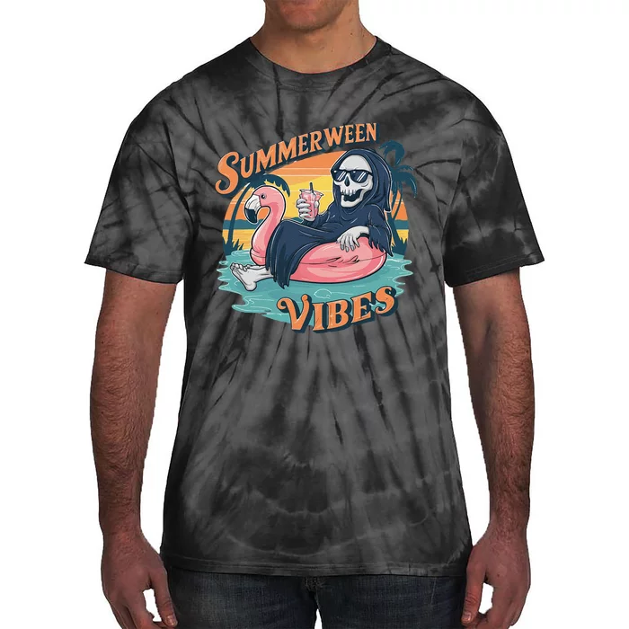 Summerween Vibes Skeleton Flamingo Float Summer Halloween Tie-Dye T-Shirt