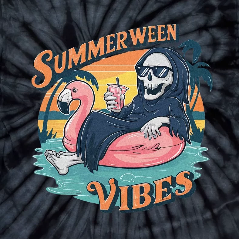 Summerween Vibes Skeleton Flamingo Float Summer Halloween Tie-Dye T-Shirt