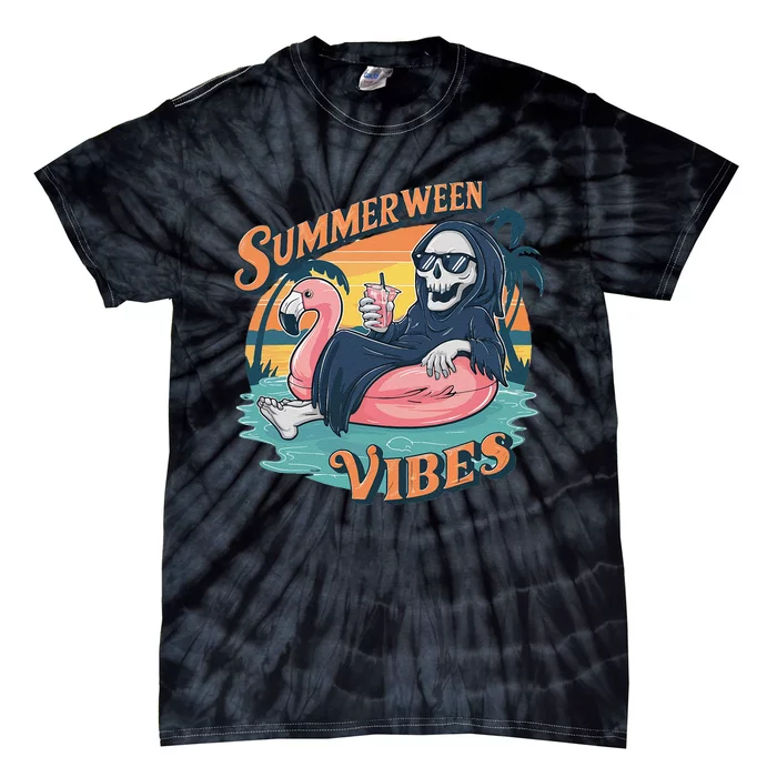 Summerween Vibes Skeleton Flamingo Float Summer Halloween Tie-Dye T-Shirt