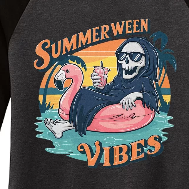 Summerween Vibes Skeleton Flamingo Float Summer Halloween Women's Tri-Blend 3/4-Sleeve Raglan Shirt