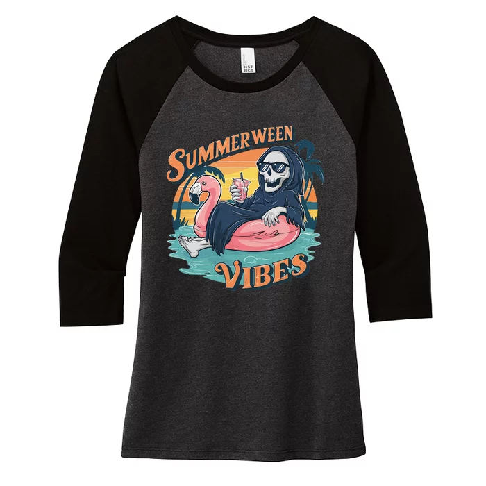 Summerween Vibes Skeleton Flamingo Float Summer Halloween Women's Tri-Blend 3/4-Sleeve Raglan Shirt