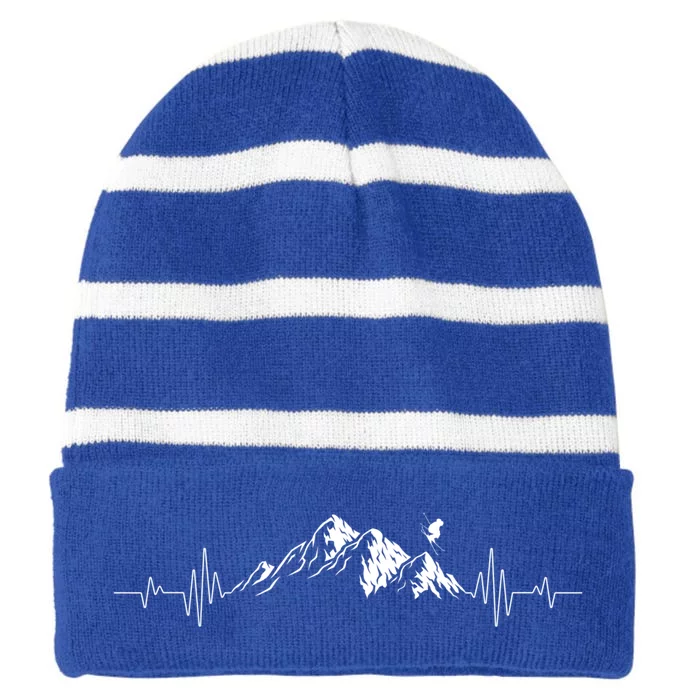 Ski Vintage Skier Heartbeat Mountains Retro Skiing Ecg Gift Striped Beanie with Solid Band